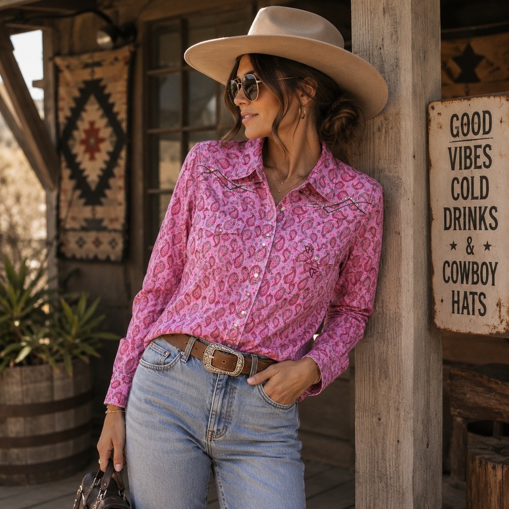Cowgirl Hardware Womens Pink Paisley Western Snap Shirt Rhinestone Medium